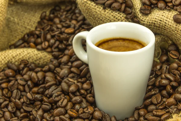 Fresh espresso and strewn mediumly roasted coffee beans — Stock Photo, Image