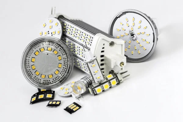 Various led bulbs G4, GU10, MR16, R7s and individual chips — Stock Photo, Image