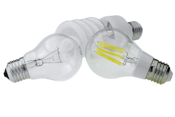 Eco LED E27 bulb, classic tungsten and compact fluorescent lamp — Stock Photo, Image