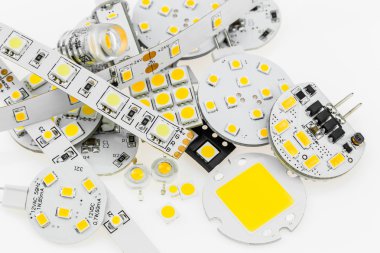several G4 LED bulbs with different electronics and LED strips a