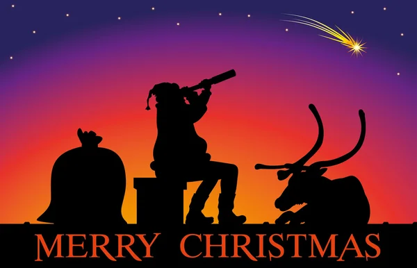 Papai Noel no fundo do pôr-do-sol e cometa —  Vetores de Stock