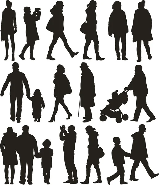 Gente caminando siluetas — Archivo Imágenes Vectoriales