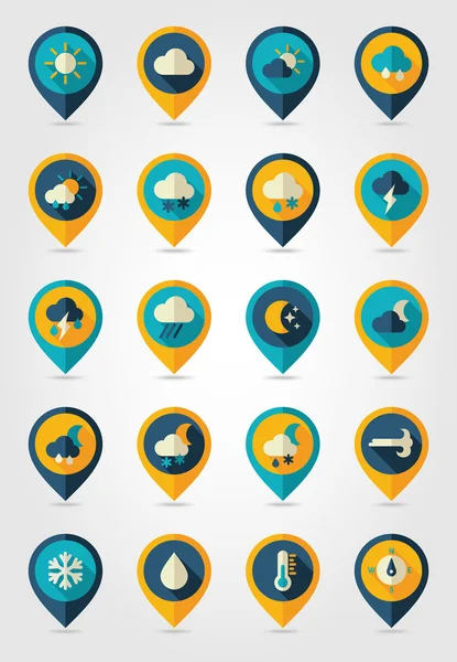 Meteorology Weather flat pin map icons set — 스톡 벡터