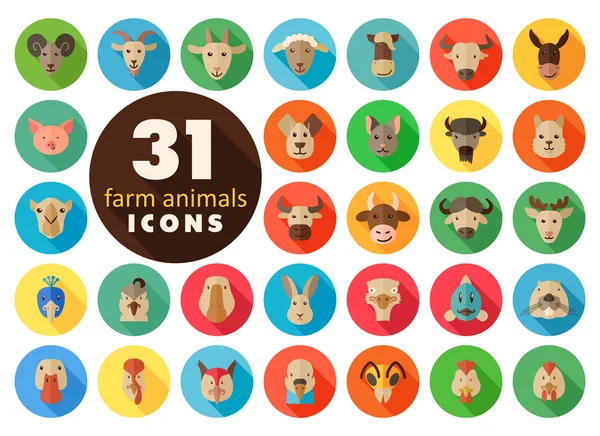 Farm animals flat icons set. Vector head. — Stock Vector