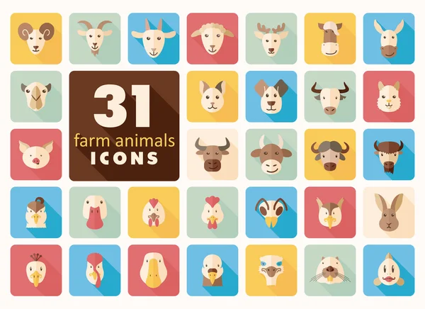 Animales de granja conjunto de iconos planos. Cabeza vectorial . — Archivo Imágenes Vectoriales