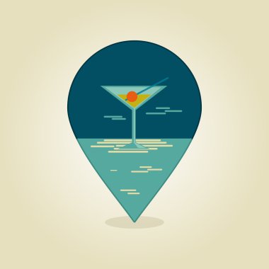 Kokteyl PIN harita simgesi. Yaz, plaj, güneş, deniz