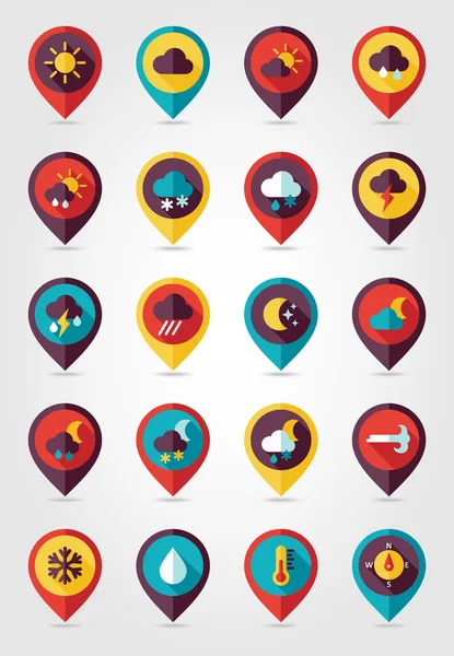 Meteorology Weather flat pin map icons set — Wektor stockowy