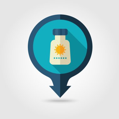 Güneş kremi pin haritası düz simgesi. Yaz. Tatil