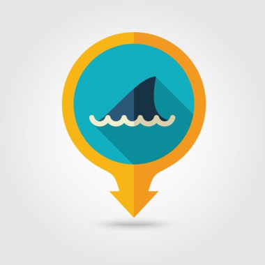Köpekbalığı yüzgeci pin haritası düz simgesi. Yaz. Tatil