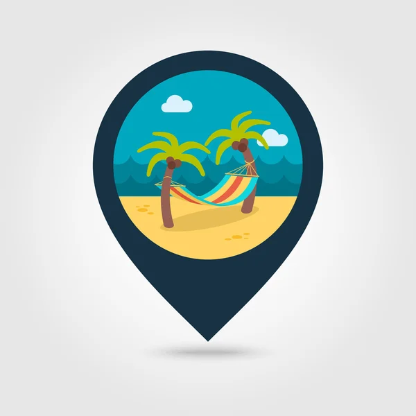 Houpací síť s palmami na ikonu mapy pin beach — Stockový vektor