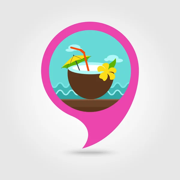 Bebida de coco con icono de mapa de pin de paja. Vacaciones — Vector de stock