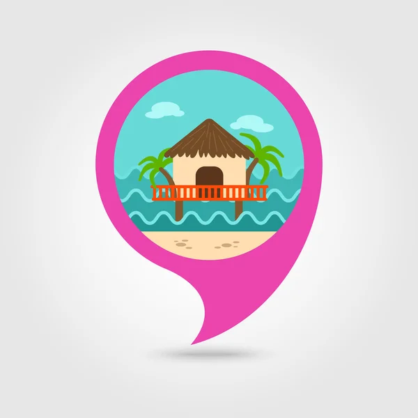 Bungalow con palmeras pin map icon. Vacaciones — Vector de stock