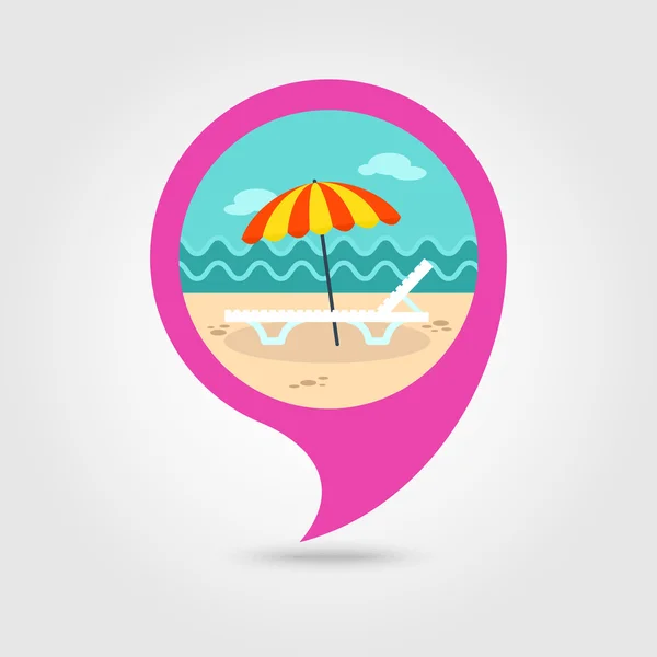 Chaise lounge de playa con icono de mapa de pin de paraguas — Vector de stock