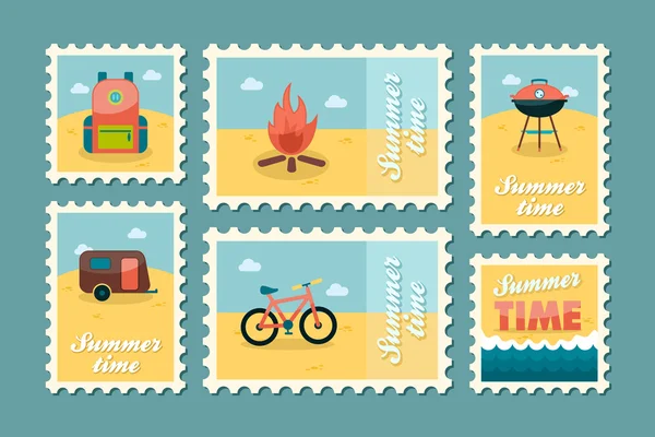 Ensemble de timbres de camping d'été. Vacances — Image vectorielle