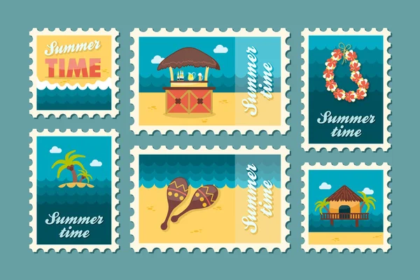 Set di francobolli da spiaggia. Estate. Vacanza. — Vettoriale Stock