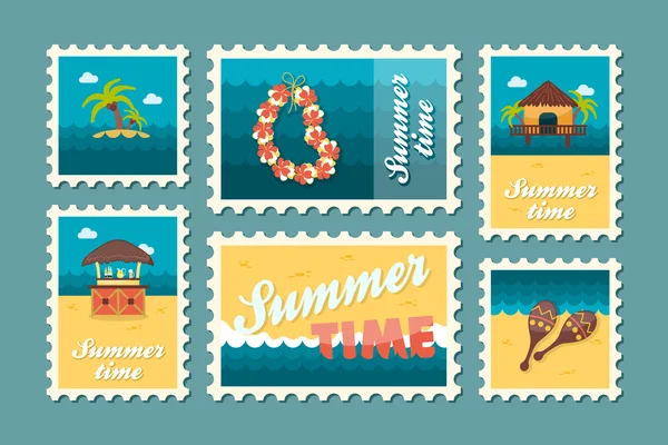 Σειρά γραμματοσήμων παραλία νησί. Το καλοκαίρι. Διακοπές — Διανυσματικό Αρχείο