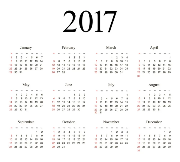 Vector Simples 2017 ano calendário — Vetor de Stock