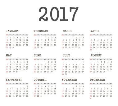 Vektör basit 2017 yılı takvimi