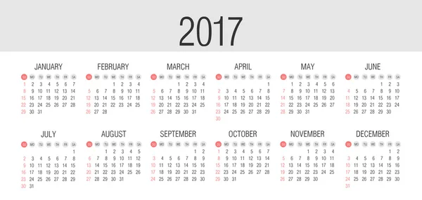 Vector Simples 2017 ano calendário — Vetor de Stock