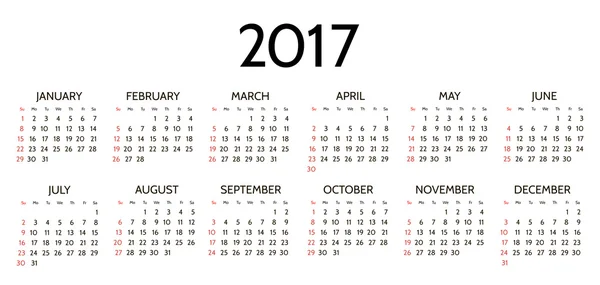 Vector enkel 2017 årskalender — Stock vektor