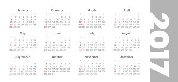 Vector Simples 2017 ano calendário — Vetor de Stock