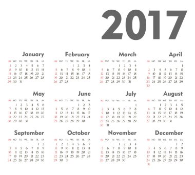 Vektör basit 2017 yılı takvimi