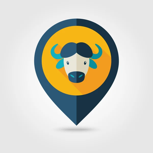 Buffalo Bizon wół mapę ikonę pinezki płaski. Głowy zwierząt — Wektor stockowy