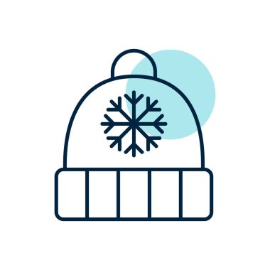 Kar taneli ve ponpon ikonlu şapka. Kış işareti. Seyahat ve turizm web sitesi ve uygulama tasarımı, logo, uygulama, UI için grafik sembolü