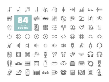 Müzik vektörü düz simge kümesi. Müzik ve ses web sitesi için grafik sembolü ve uygulama tasarımı, logo, uygulama, UI