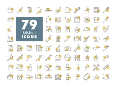 Yemek pişirme ve mutfak vektör simgeleri ayarlandı. Yemek pişirme web sitesi tasarımı, logo, uygulama, UI için grafik sembolü