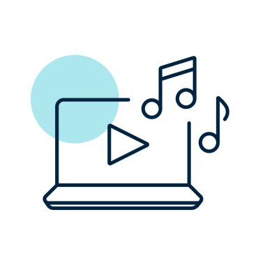 Dizüstü bilgisayar vektör simgesinde müzik dinle. Müzik işareti. Müzik ve ses web sitesi için grafik sembolü ve uygulama tasarımı, logo, uygulama, UI