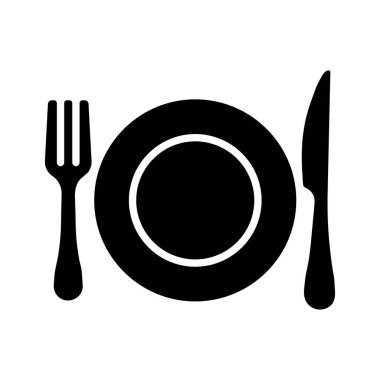 Yemek tabağı, bıçak ve çatal vektör sembolü. Yemek pişirme web sitesi tasarımı, logo, uygulama, UI için grafik sembolü