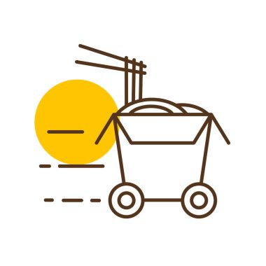 Tekerlekli wok kutusu vektör simgesi. Teslimat tabelası. Yemek pişirme web sitesi ve uygulama tasarımı, logo, uygulama, UI için grafik sembolü