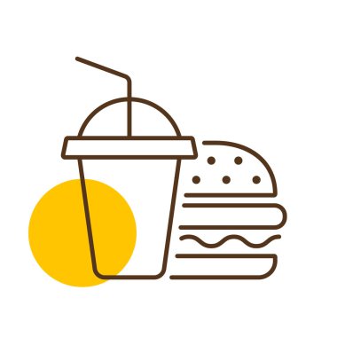Yumuşak içecek vektör ikonlu hamburger. Teslimat tabelası. Yemek pişirme web sitesi ve uygulama tasarımı, logo, uygulama, UI için grafik sembolü