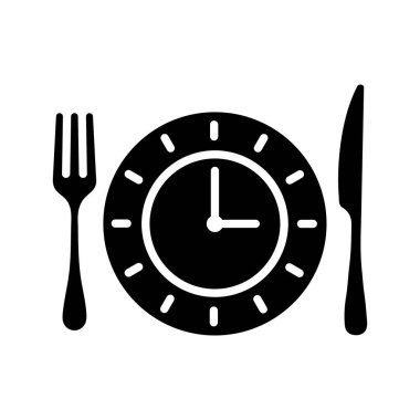 Bıçak ve çatalla kaplanmış bir saat sembolü. Teslimat tabelası. Yemek pişirme web sitesi ve uygulama tasarımı, logo, uygulama, UI için grafik sembolü