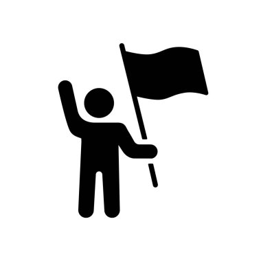 Ayakta duran ve el ele tutuşan adam bayrak, bayrak taşıyıcı sembolü. Gösteri, protesto, grev, devrim. Web sitesi, uygulama, UI için grafik sembolü