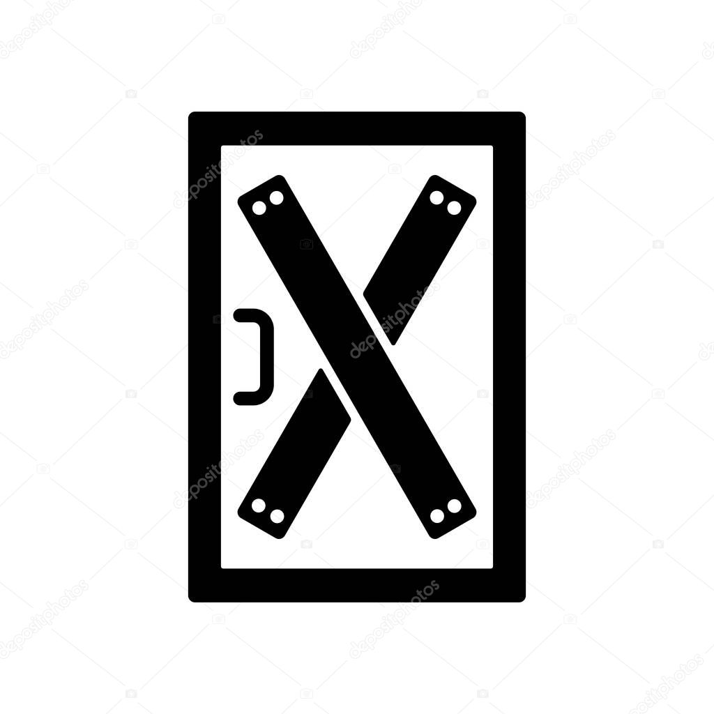 Boarded up door vector glyph icon, installing boards on the door to prevent unauthorized access, or abandoned. Demonstration, protest, strike, revolution