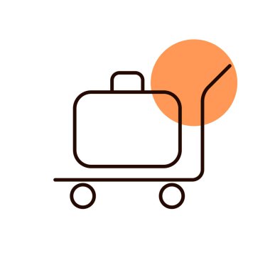 Bagajlar, bavullar, tramvay düz vektör ikonu. Otel tabelası. Seyahat ve turizm web sitesi ve uygulama tasarımı, logo, uygulama, UI için grafik sembolü