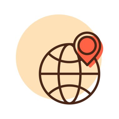 Dünya gezegeni ve konum belirleyicisi vektör ikonunda. Uluslararası teslimat. E-ticaret tabelası. Web sitenizin tasarımı için grafik sembolü, logo, uygulama, UI