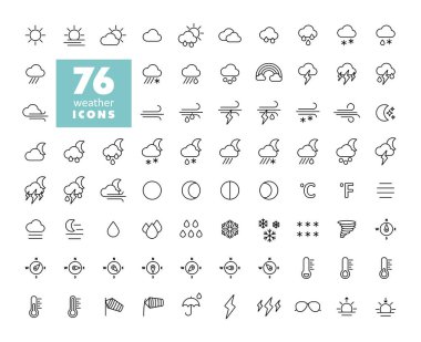 Vektör hava tahmini ikonu ayarlandı. Meteoroloji işareti. Seyahat, turizm ve hava durumu web sitesi ve uygulama tasarımı, logo, uygulama, UI için grafik sembolü