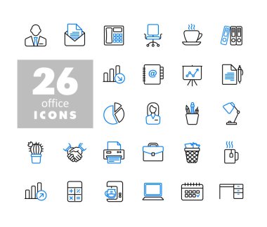 Ofis taslak simgeleri ayarlandı. Ofis işareti. Web sitenizin tasarımı için grafik sembolü, logo, uygulama, UI. Vektör illüstrasyonu