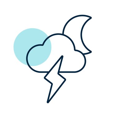 Yıldırım vektör ikonlu ay bulutu. Meteoroloji işareti. Seyahat, turizm ve hava durumu web sitesi ve uygulama tasarımı, logo, uygulama, UI için grafik sembolü