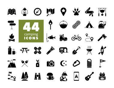 Kamp, yürüyüş, doğa ve doğa aktiviteleri sembolleri ayarlandı. Seyahat ve turizm web sitesi ve uygulama tasarımı, logo, uygulama, UI için grafik sembolü