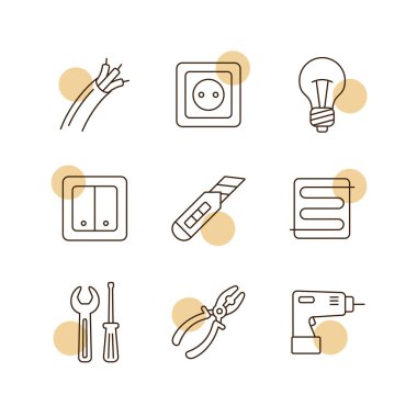 Ev onarımı, elektrik vektör simgeleri ayarlandı. Web sitenizin tasarımı için grafik sembolü, logo, uygulama, UI. Vektör illüstrasyonu, EPS10.