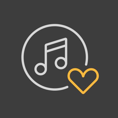 Müzikal nota ikonu ve favori, aşk gibi, karanlık arka planda bakım sembolü. Müzik ikonu gibi. Müzik nota simgesi, kalp işareti olan müzik simgesi.