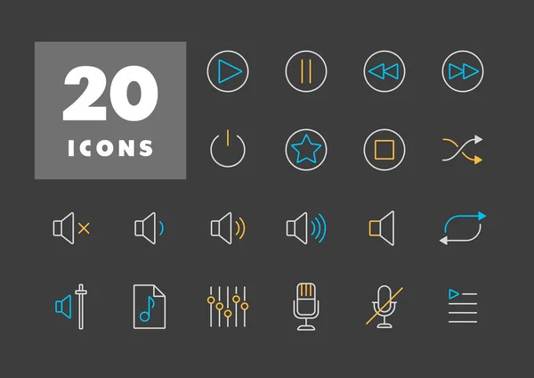 Multimedia User Interface Flat Vector Icons Set Dark Background Graph — Stock Vector