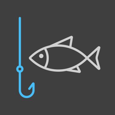 Koyu arkaplanda balık vektör ikonu olan bir olta. Kamp ve yürüyüş işareti. Seyahat ve turizm web sitesi ve uygulama tasarımı, uygulaması, UI için grafik sembolü