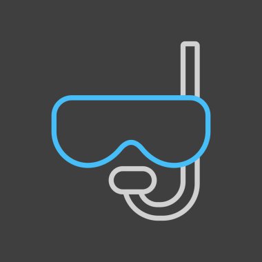 Dalış maskesi ve koyu arkaplanda şnorkel düz vektör simgesi. Yaz tabelası. Seyahat ve turizm web sitesi ve uygulama tasarımı, logo, uygulama, UI için grafik sembolü