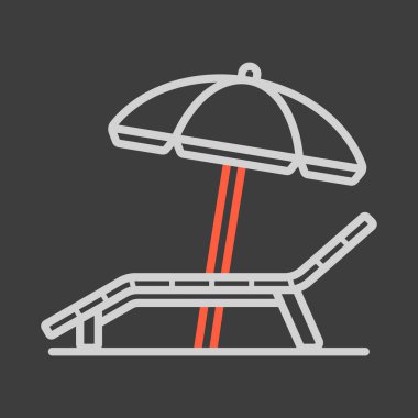 Lounger Beach Sunbed sandalye düz vektör ikonu koyu arkaplanda. Yaz tabelası. Seyahat ve turizm web sitesi ve uygulama tasarımı, uygulaması, UI için grafik sembolü