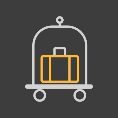 Bagajlar, bavullar, tramvay düz vektör ikonu, koyu arkaplan. Otel tabelası. Seyahat ve turizm web sitesi ve uygulamaları için grafik sembolü, UI